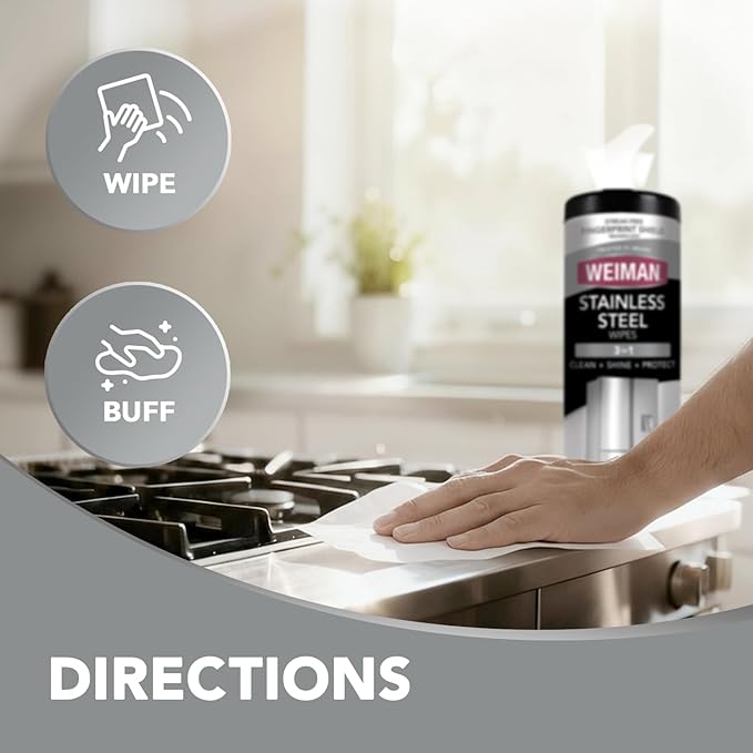 Weiman Stainless Steel Cleaner, 30 Count Cleaning Wipes, Removes Dirt, Grime, and Grease, No Streaks or Residue, Stainless Steel Polish for a Sparkling Clean and Shiny Surface, Cleaning Supplies