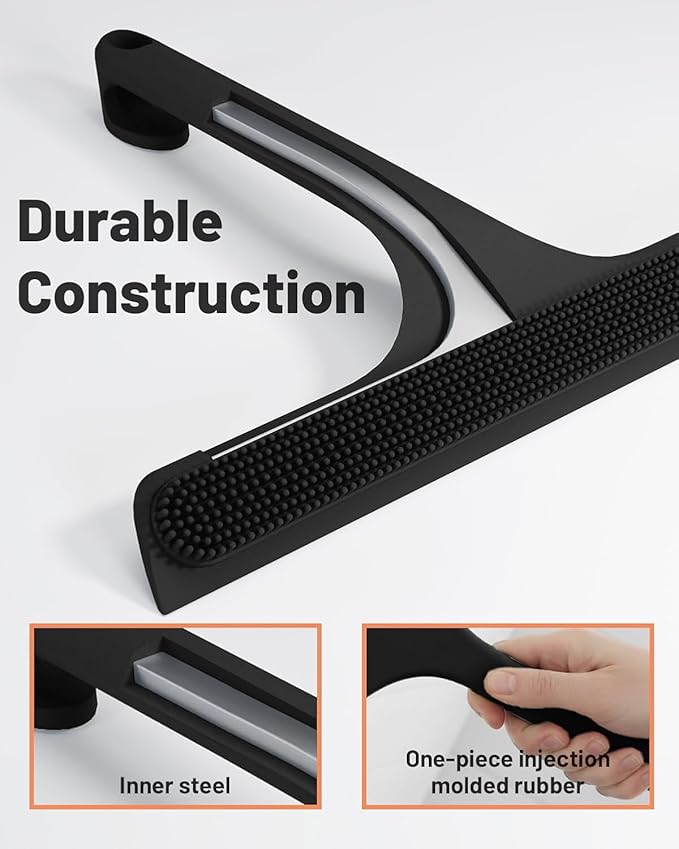2-in-1 Silicone Shower Squeegee with Hook,Dual-Sided Design with Scraper & Scrub Surface,Streak-Free Bathroom Squeegee for Glass Doors,Mirrors,Windows,Car Windshields (Black Squeegee+Hook+Dispenser)