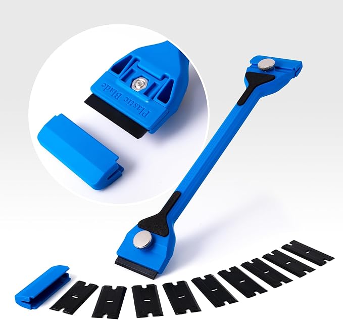 FOSHIO Long Handle Razor Blade Scraper, Two Sided Scraper Tool with Double Edged 10PCS Plastic Razor Blades & 10PCS Metal Razor Blades for Scraping on Stove Glass, Cleaning Glue, Decal, Sticker, Label