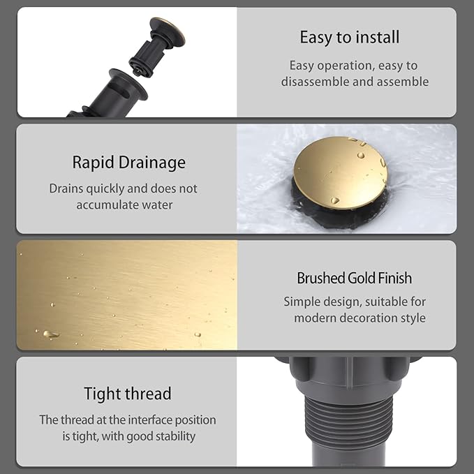 WOWOW Bathroom Sink Drain, Pop Up Drain Stopper for Bathroom Sink and RV Sink, with Overflow, Brushed Gold Vessel Sink Drain, Built-in Anti-Clogging Strainer