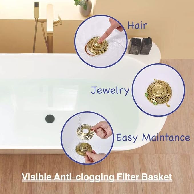 Universal Bathtub Drain Stopper with Removable Hair Catcher, 3-in-1 Pop-up Drain Plug Fits 1.38 to 2.1 Inch Holes, Upgrade Shower Drain Cover with Stainless Steel Filter