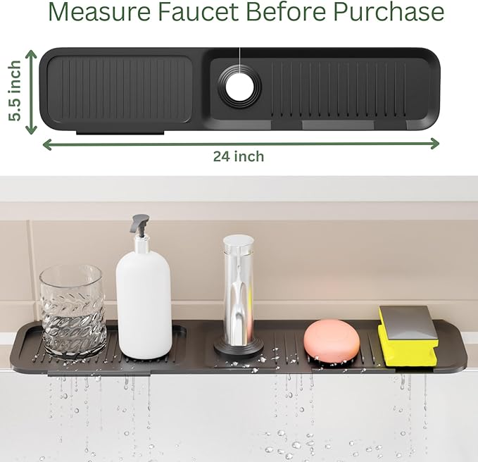 Kitchen Sink Splash Guard Black 24inch 5° Sloped, Silicone Draining Mat for Kitchen Sink, Faucet Mat For Kitchen Sink, Silicone Sink Splash Guard From Luxury Lineup