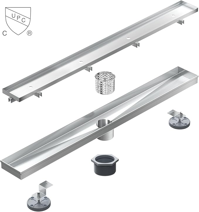 Sharpeye 32 Inch Linear Shower Drain with Tile Insert Grate, Brushed Nickel 304 Stainless Steel Rectangle Shower Floor Drain for Bathroom, CUPC Certified, with Hair Strainer, Leveling Feet