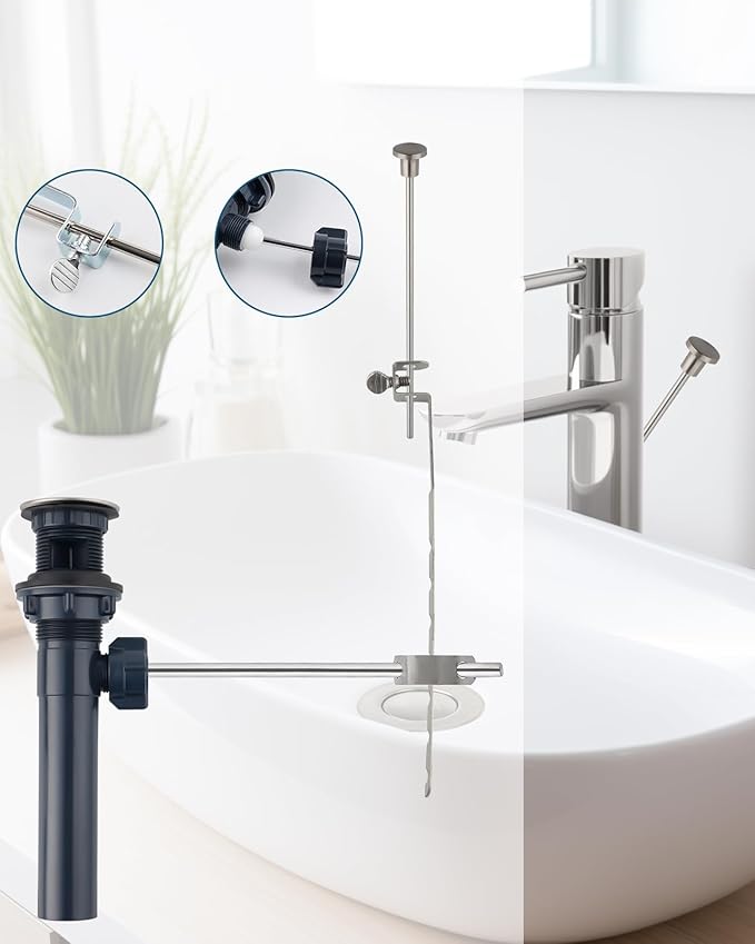 2PCS Bathroom Sink Drain with Lift Rod, Pop Up Sink Drain with Overflow, Universal Fit, Brushed Nickel Drain Stopper for Vessel Sink, Assembly for Bathroom Faucet Sink