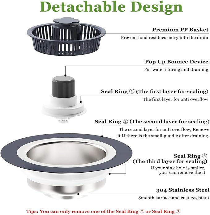 3 in 1 Kitchen Sink Drain Strainer and Stopper Combo, Stainless Steel Pop Up Kitchen Sink Stopper, Sink Drain Strainer for Standard 3-1/2 Inch Drain