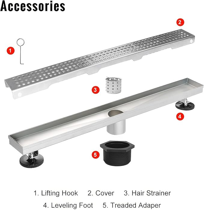 SaniteModar Linear Shower Drain, Shower Drain 60 inch with Removable Square Hole Panel, AISI Brushed 304 Stainless Steel Shower Floor Linear Drain with Adjustable Feet and Hair Catcher