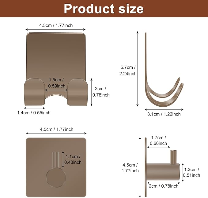 CGBE 4 Pack Shower Hooks - Self Adhesive Shaver Holder Hanger for Bathroom, Damage Free Wall Hooks for Razor, Loofah Sponge - Brown