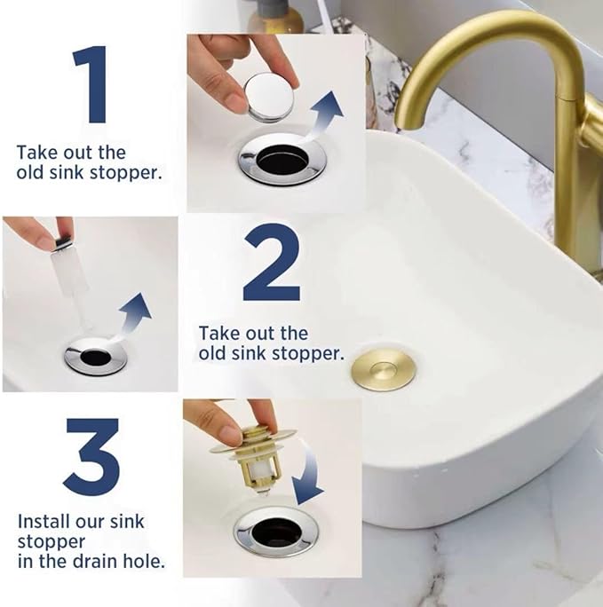 Universal 2 in 1Bathroom Sink Stopper, 1 Pack Pop Up Bathroom Sink Drain Strainer for 1.06"-1.65" Basin Drain Holes, Anti Clogging Drain Filter (Gold(s)-1p)