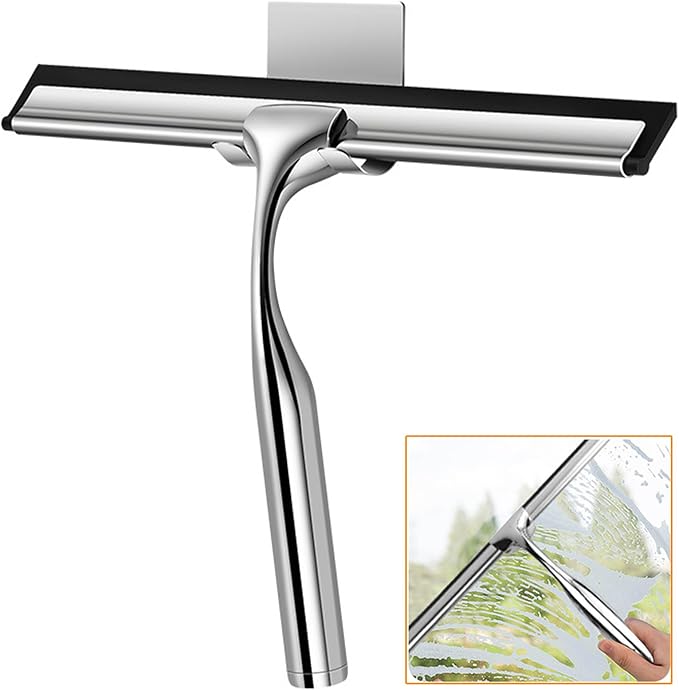 25 cm Stainless Steel Household Squeegee, Anti-Rust Handle Water Squeegee with Silicone Hook, No Drilling, Bathroom Window Scraper for Cleaning Glass Doors, Kitchen, Mirror, Tiles