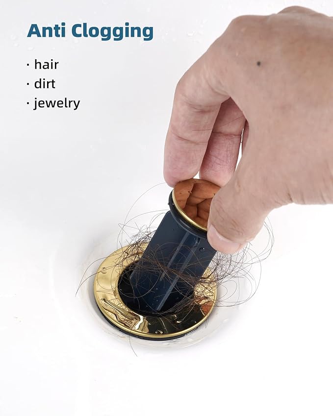 Bathroom Sink Drain with Lift Rod, Pop Up Sink Drain with Overflow, Universal Fit, Brushed Gold Drain Stopper for Vessel Sink, Assembly for Bathroom Faucet