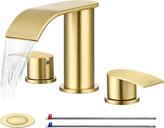 Ultimate Unicorn 8 inch Bathroom Faucet Brushed Gold, Waterfall Bathroom Faucet with Metal Pop-up Sink Drain Stopper and 2 Supply Hoses,2 Handle Widespread Faucets for Vanity Sink 3 Holes