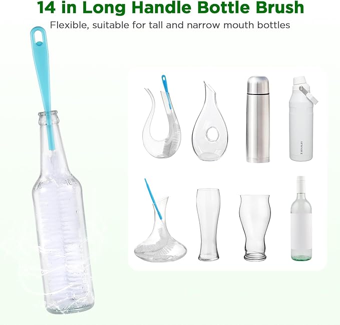 OUTXE 6 Pack Bottle Brush Set, 5-in-1 Water Bottle Cleaner Brush, 14" Long Handle Bottle Cleaning Brush, 3 Straw Brush, Removable Nipple Detail Brush for Cup Lid Gap, with Replecement Sponge