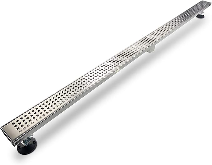 SaniteModar Linear Shower Drain, Shower Drain 48 inch with Removable Square Hole Panel, AISI Brushed 304 Stainless Steel Shower Floor Drain with Adjustable Feet and Hair Strainer