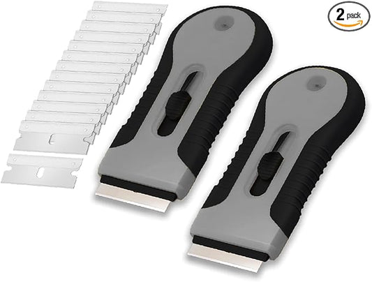 Bates- Razor Blade Scraper Tool, 2 Pack, 30 Extra Stainless Steel Blades, Anti-Slip Ergonomic Handle Design, Razor Scraper Set for Cleaning Window, Paint, Oven, Glass, Stove