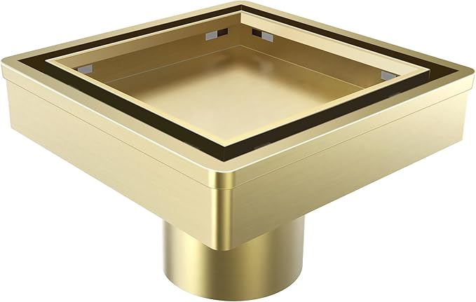 6 Inch Gold Shower Drain, Modern 2-in-1 Tiled Shower Drain - 304 Stainless Steel Square Shower Floor Drain for Bathroom, Brushed Gold Drain Shower with Tile Insert Grate Removable, Hair Strainer