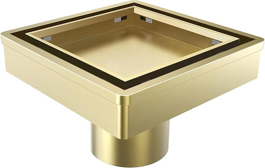 6 Inch Gold Shower Drain, Modern 2-in-1 Tiled Shower Drain - 304 Stainless Steel Square Shower Floor Drain for Bathroom, Brushed Gold Drain Shower with Tile Insert Grate Removable, Hair Strainer