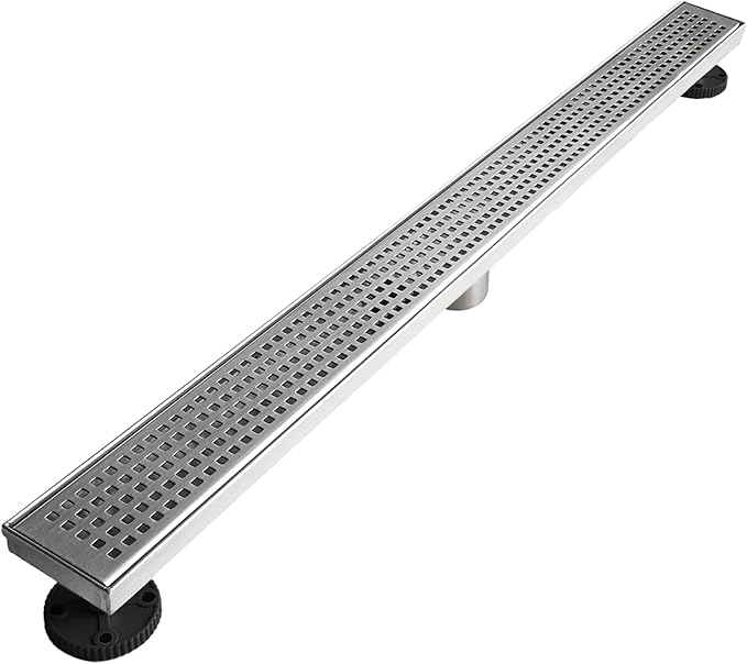 Neodrain 32-Inch Linear Shower Drain with Removable Quadrato Pattern Grate, Brushed 304 Stainless Steel Rectangle Shower Floor Drain, Linear Drain with Leveling Feet,Hair Strainer