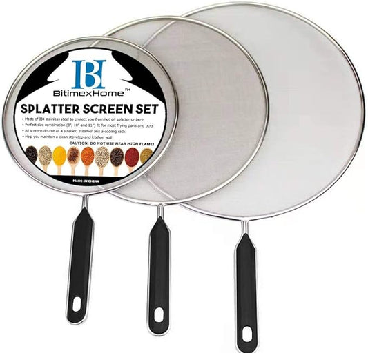 Grease Splatter Screen For Frying Pan Cooking - Stainless Steel Splatter Guard Set of 3-8", 10" and 11" inch - Fine Mesh Iron Skillet Lid- Hot Oil Shield to Stop Prime Burn (3, 8",10",11")