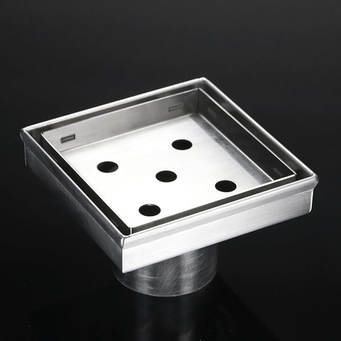 Sharpeye 4 Inch Square Shower Drain with Removable Tile Insert Grate, Brushed 304 Stainless Steel Square Shower Floor Drain, Includes Hair Strainer, CUPC Certified
