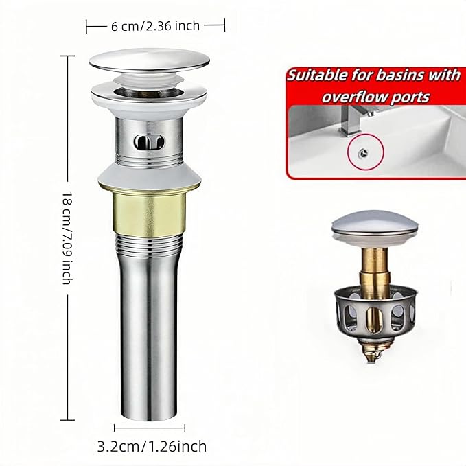 Pop-Up Sink Drain for No Overflow Basin, Stainless Steel, Hair Catcher Filter, 7.09 inch Length, Brushed Nickel (with Holes)