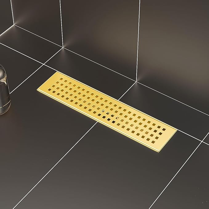 SaniteModar Linear Shower Drain, Gold Shower Drain 12 inch with Removable Grate,Brushed 304 Stainless Steel Linear Drain with Hair Strainer & Leveling Feet