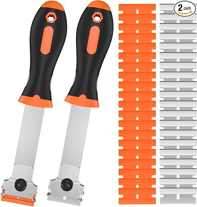 2 Pack Razor Blade Scraper Tool with 20 Metal & 20 Plastic Razor Blades, Multi-Purpose Long Handle Heavy Duty Scraper Tool for Cleaning Cooktop, Oven, Floor, Paint, Tile, and Window Glass