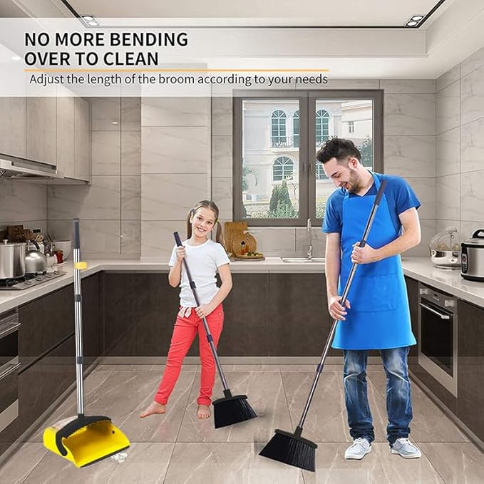 Upgraded Broom and Dustpan， with 52" Long Handle, Dustpan Teeth with self-Cleaning Function, Indoor and Outdoor Sweeping, Perfect for Home Office