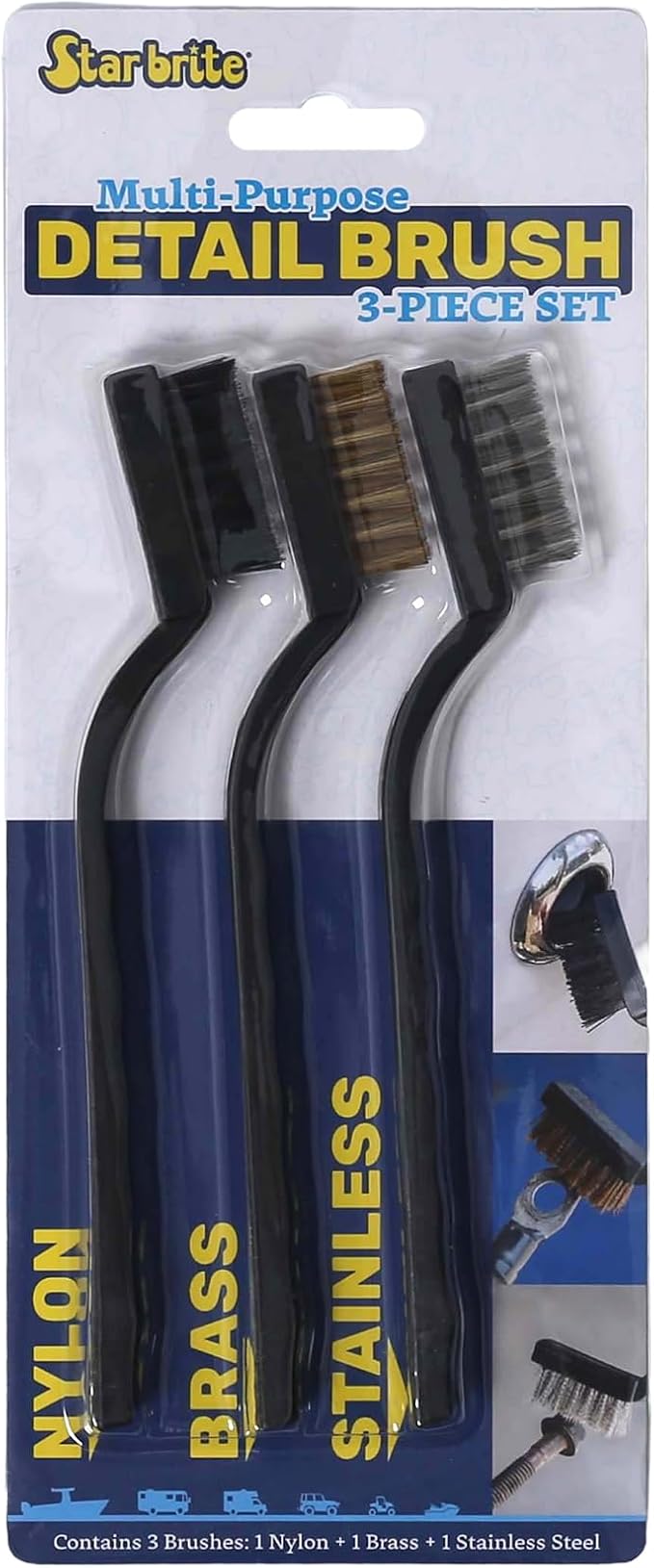 STAR BRITE Multipurpose Detail Brush 3-Piece Set – Includes Nylon, Brass & Stainless Steel Brushes – Durable, Ergonomic, Compact – Ideal for Vehicles, Boats, Household & Outdoor Cleaning