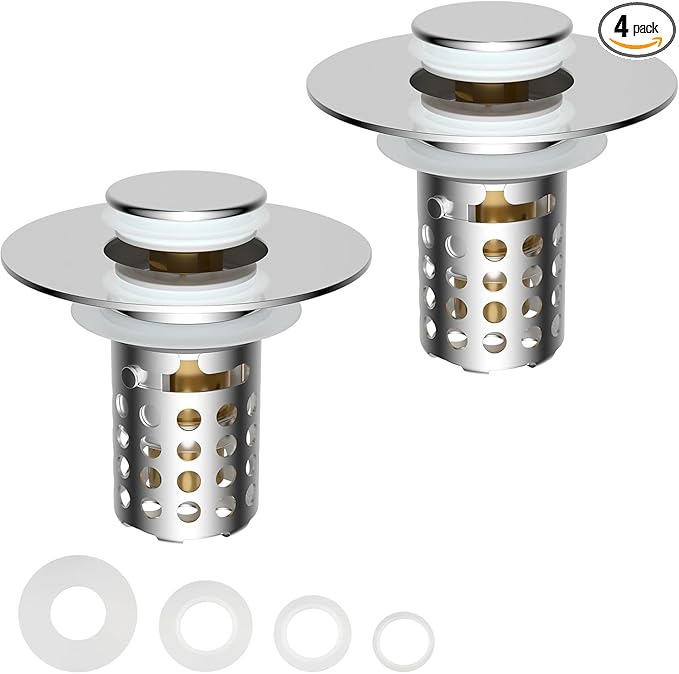 Universal Bathroom Sink Drain Strainer Hair Catcher 4PCS Upgraded with Removable Stainless Steel Filter Basket, 3 in 1 Pop Up Sink Stopper for 1.1''~2.36'' Sink Basin Hole, Chrome