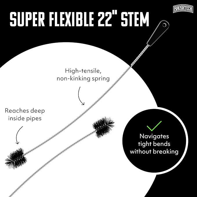Brushtech 22" Super Flexible Drain Brush - Long Pipe Cleaning Brush for Tough Clogs, Hair, & Debris - Non-Kinking Spring for Kitchen & Hard-to-Reach Bathroom Sink Maintenance - Made in USA