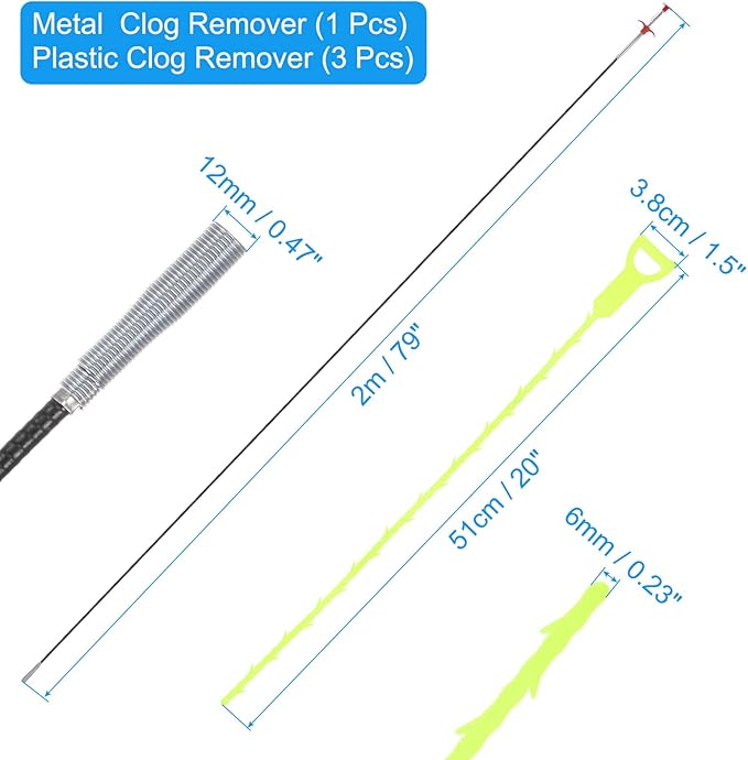 uxcell 3pcs 20 Inch Drain Hair Clog Remover Tool PP & 80 Inch Drain Cleaner Tool Sticks Stainless Steel Sewer Cleaning Hook Unclog Sink Unclogger for Toilet Bathtub Sewer, Green