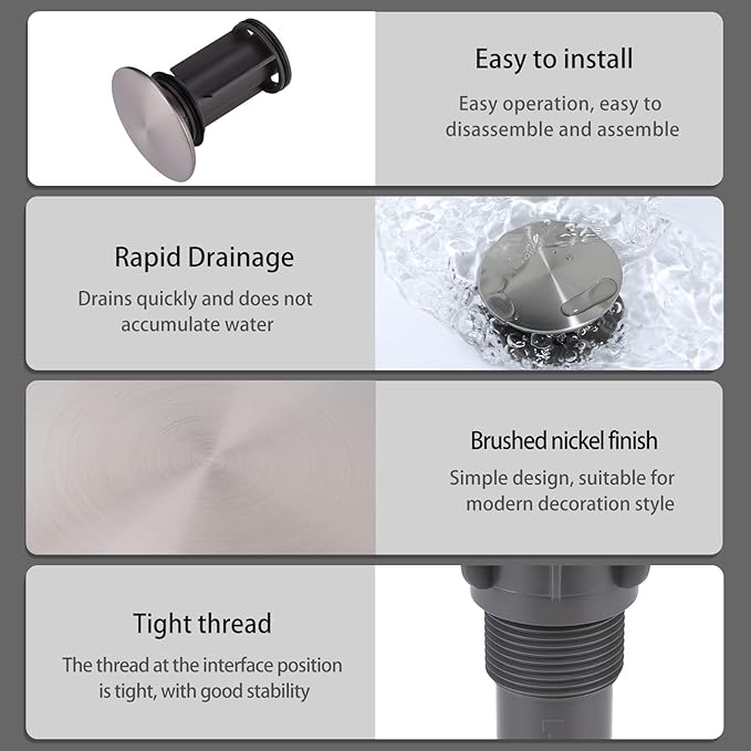 Bathroom Sink Stopper, Pop Up Drain Stopper for Bathroom Sink with Overflow, Built-in Anti-Clogging Strainer, Brushed Nickel