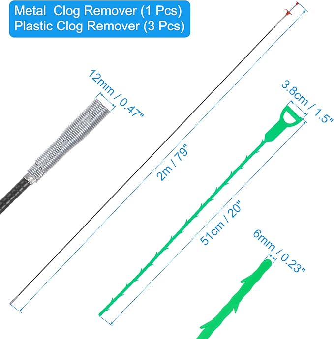 uxcell 3pcs 20 Inch Drain Hair Clog Remover Tool PP & 80 Inch Drain Cleaner Tool Sticks Stainless Steel Sewer Cleaning Hook Unclog Sink Unclogger for Toilet Bathtub Sewer, Light Green