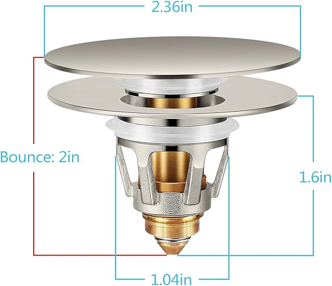 Universal Bathroom Sink Stopper in Brass, 1.04-1.97 Inch Pop Up Basin Sink Drain Stopper, Sink Drain Strainer with Anti Clogging Filter Hair Catcher, Large Lid Brushed Nickel