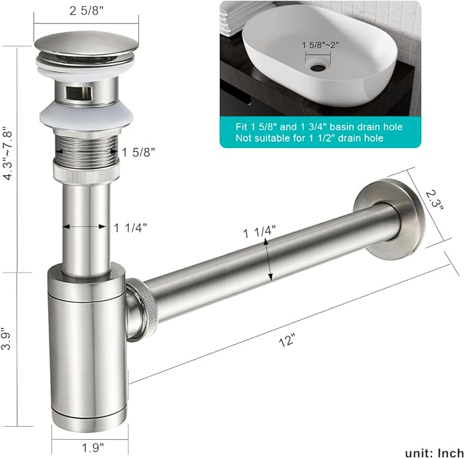 Bathroom Basin Sink Waste P-Trap Drain Kit, Adjustable Bottle Trap with Pop Up Drain Stopper with Overflow, Brushed Nickel