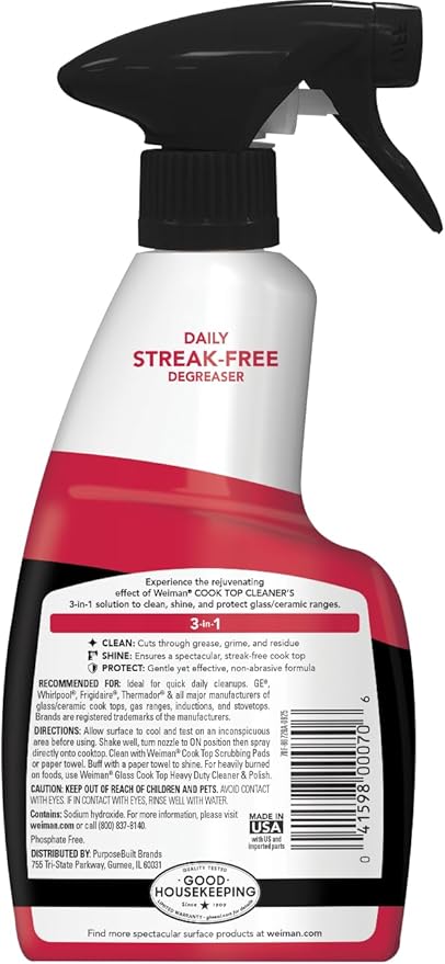 Weiman Cooktop Daily Cleaner & Polish For Ceramic; Glass; Induction Stovetops with Micro Fiber Buffing Towel Included; 12 oz 2 Pack