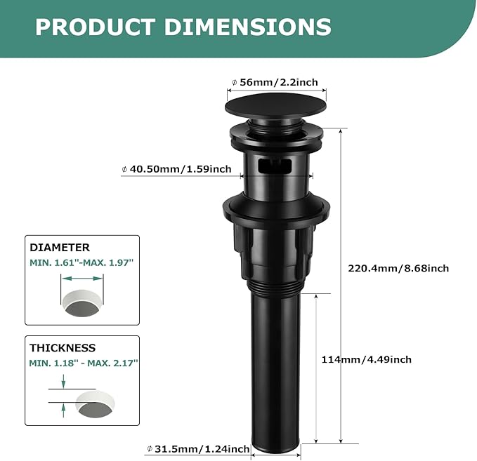 PARLOS Pop Up Drain Stopper with Overflow for Bathroom Sink Faucet Vessel Vanity, Matte Black, 20861