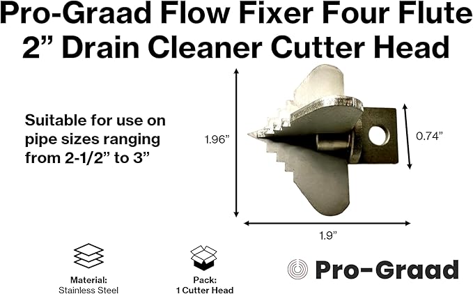 2” Spear 4 Flute Flow Fixer Drain Cleaner Plumbing Snake Cutter Head for 2-1/2” – 3” Pipes, Clears & Scrapes Inner Walls, Fits 3/8” 1/2" or 9/16” Cables, Commercial & Residential Use