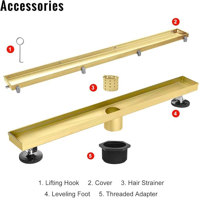 SaniteModar Linear Shower Drain, Gold Shower Drain 54 inch with Invisible 2 in 1 Tile Insert Panel, 304 Stainless Steel with Hair Strainer and Leveling Feet