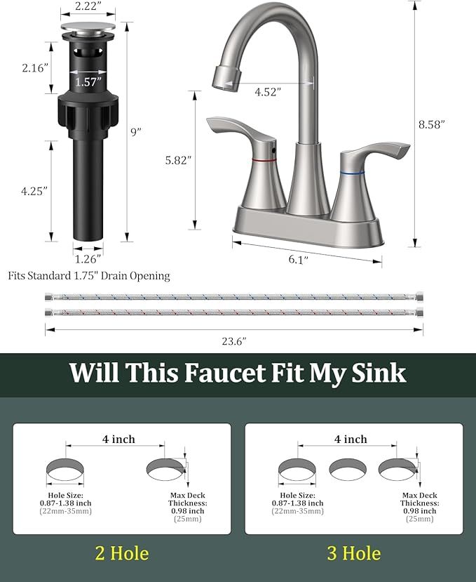 Brushed Nickel Bathroom Faucet 3 Hole, Evolvegoods 4 Inch Stainless Steel Bathroom Sink Faucet, 2 Handle Centerset Faucet for Bathroom Sink Vanity, with Pop Up Drain and 2 Supply Hoses