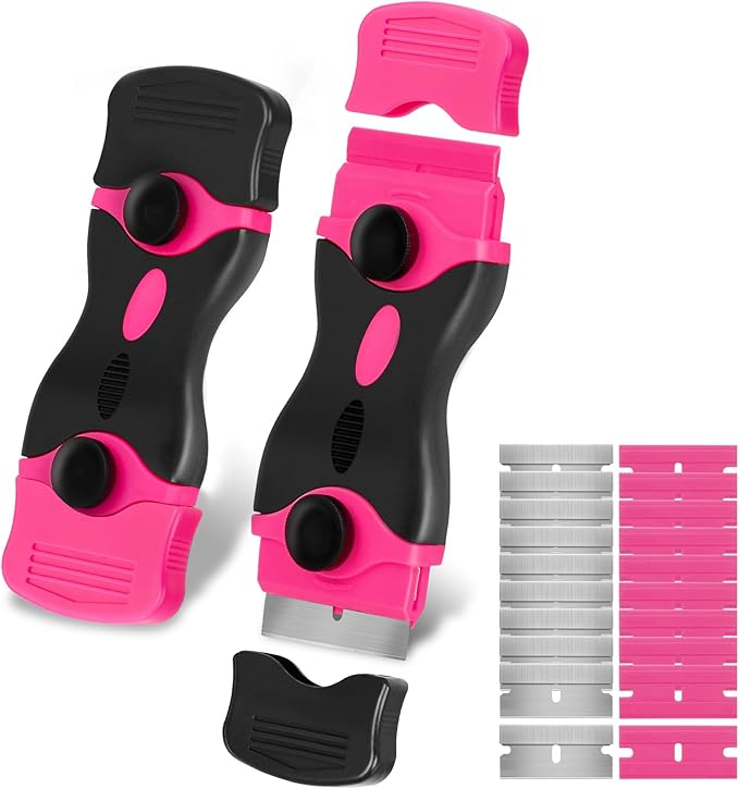THINKWORK Razor Blade Scraper - Pink Razor Scraper Gift for Women, 2-in-1 Scraper Tool Set with 20Pcs Razor Blades for Removing Window Labels, Decals, Stickers, Glass Stove Top (2 Pack)