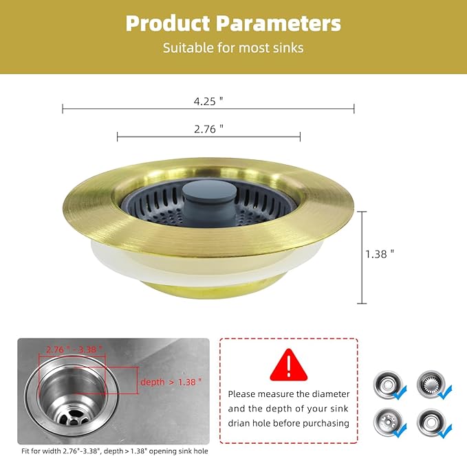 Hibbent Upgraded 3 in 1 Kitchen Sink Drain Strainer and Stopper Combo, Stainless Steel Metal Pop Up Sink Stopper, 3 Anti-Clogging Basket Strainers for US Standard 3-1/2 Inch Drain, Brushed Gold