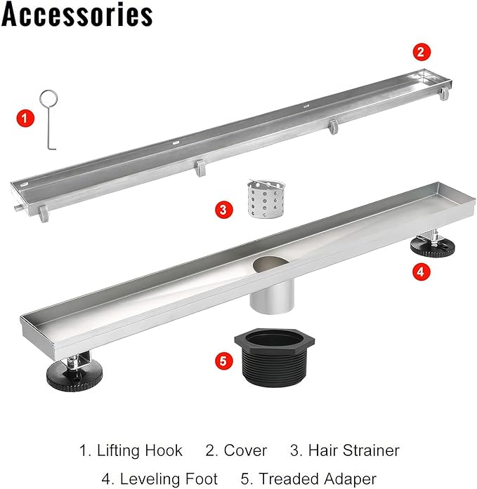 SaniteModar Linear Shower Drain, Linear Drain 60 inch with 2 in 1 Tile Insert & Flat Panels, 304 Stainless Steel Brushed Invisible Shower Floor Drain with Hair Catcher and Leveling Feet