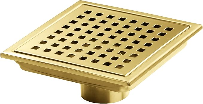 SaniteModar Shower Drain, 6 inch Shower Floor Square Drain with Flange, Removeable Grid Panel SUS 304 Stainless Steel Square Shower Drain, Brushed Gold