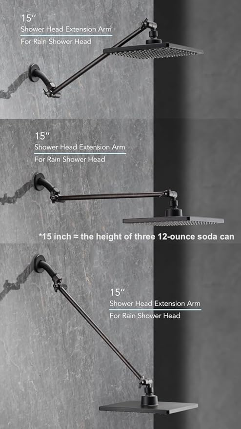 15 Inch Extra Long Adjustable Shower Head Extension Arm With Locking Set Screw, Singing Rain 304 Stainless Steel Angle Height Adjustable, G1/2 Universal Connector Compatible (Oil Rubber Bronze)