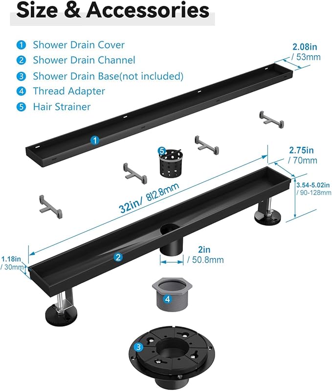 Shower Drain, 32 Inch Black Linear Shower Drain with Removable Tile Insert Grate, 2 in 1 Bathroom Modern 304 Stainless Steel Matte Black Shower Floor Drain with Adjustable Feet,Hair Filter