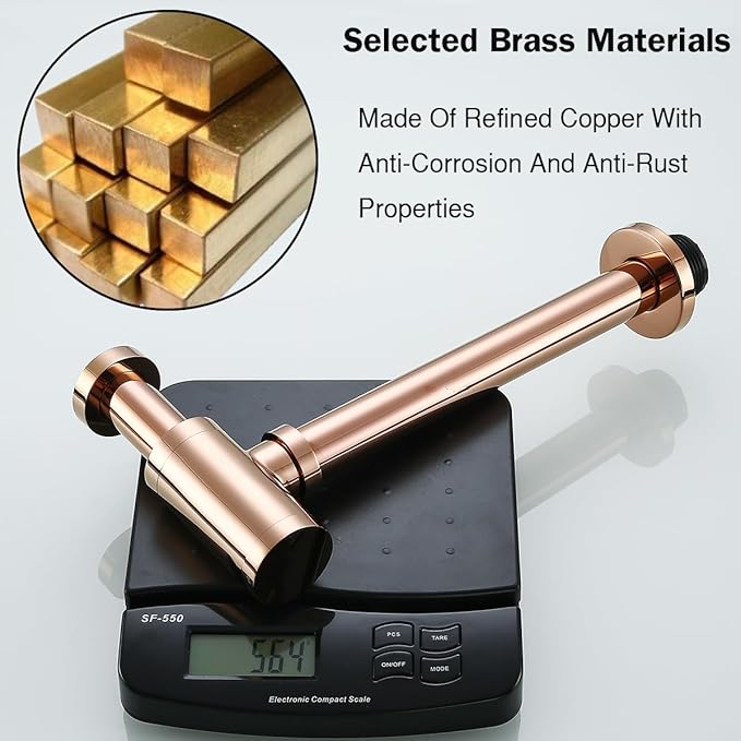 RANDOM Brass Contemporary Round Bottle P Trap 1-1/4,Bathroom Lavatory Adjustable Basin Sink Waste Drain P-Trap Kit Rose Gold Sink Trap.83888RG