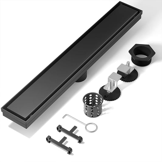 Linear Shower Drain, 304 Stainless Steel with Adjustable Leveling Feet, Hair Strainer,Reversely Install Place to Create an Invisible Floor Drain - Black -60-Inch