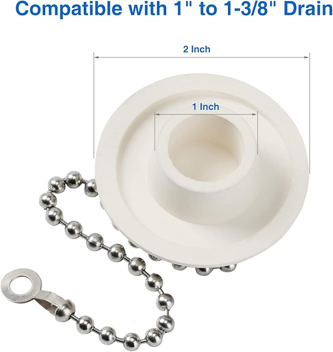 2 Packs Tub Stopper, Rubber Bathtub Stoppers Drain Plug with 15" Stainless Steel Beaded Chain, Premium Bathroom Plug Fit for 1" to 1-3/8" Kitchen Sink, Bathroom Bath tub, Drain Stopper, White