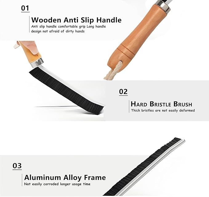 Natural Solid Wood Handle Crevice Cleaning Brushes - 3Pcs Premium Hardwood Grip & Stiff Bristles Gap Brush Scrubber for Tile Grout, Kitchen Cabinets/Windows Groove/Tiles/Faucet Etc.